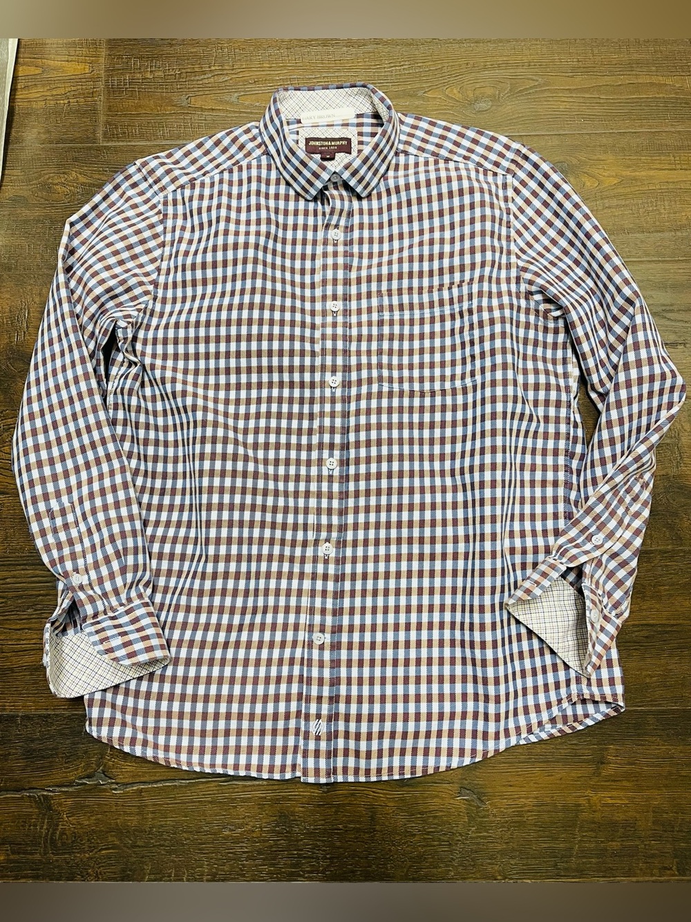 JOHNSTON & MURPHY Men's Long-Sleeve Blue Brown Gingham Button-Up Shirt Size M